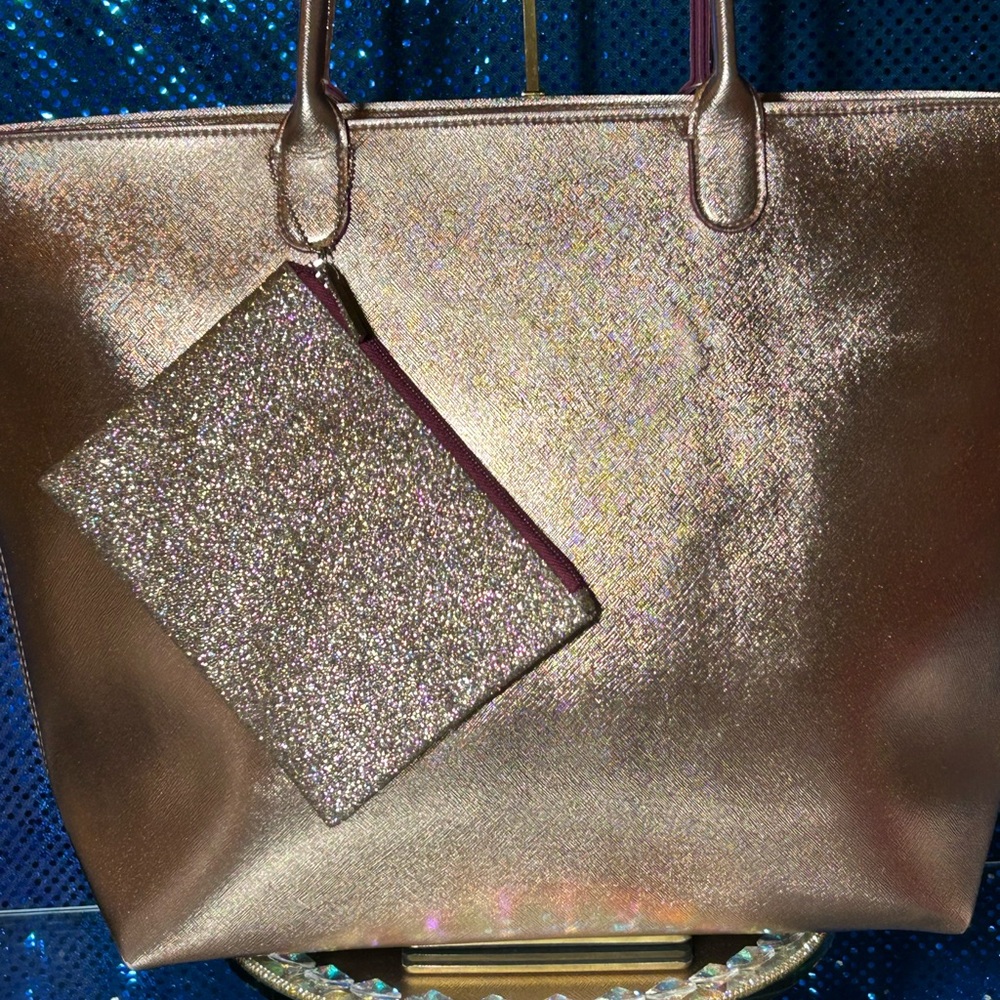 Bath & Body Works Rose Gold Metallic Tote w/Matching Glitter Pouch 19” x 13” x 5